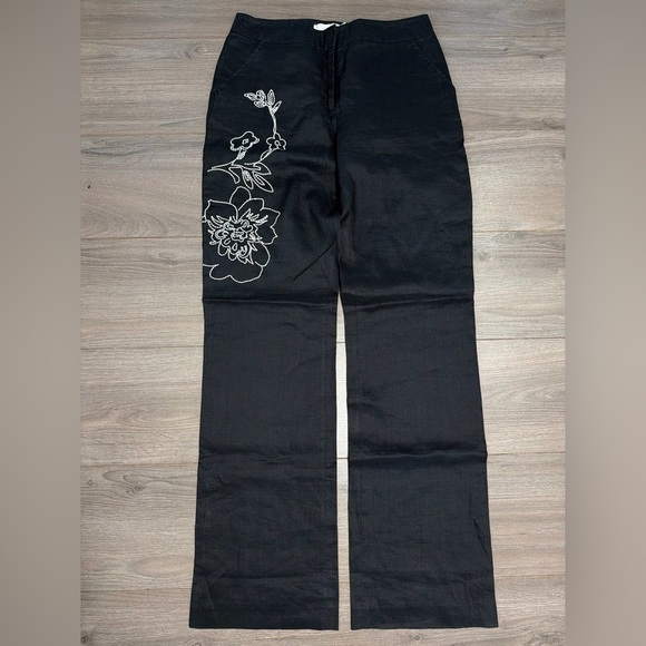 Cortefiel Pants - Cortefiel Black Linen Pants%100 LINEN with White Floral Embroidery-BRAND NEW